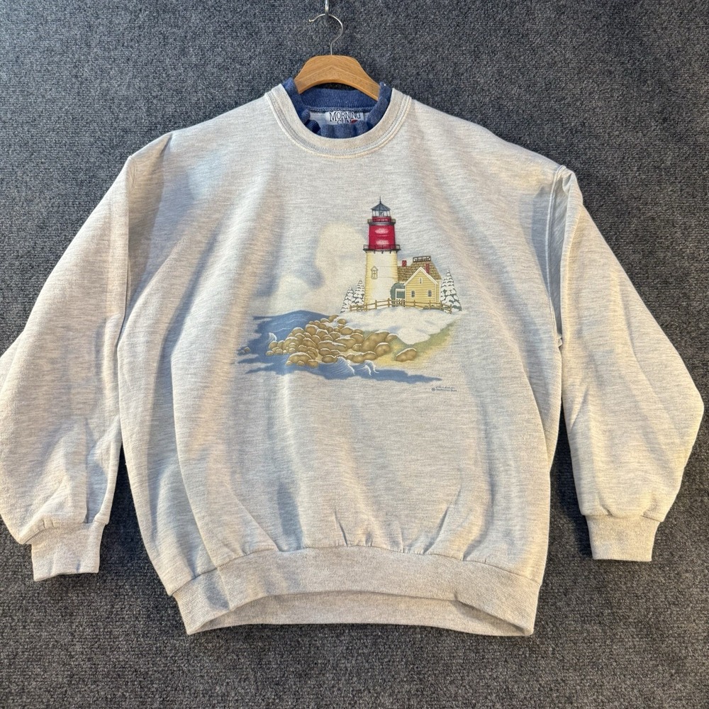 Morning Sun Lighthouse Sweatshirt Petite Medium Gray Coastal Winter Graphic USA